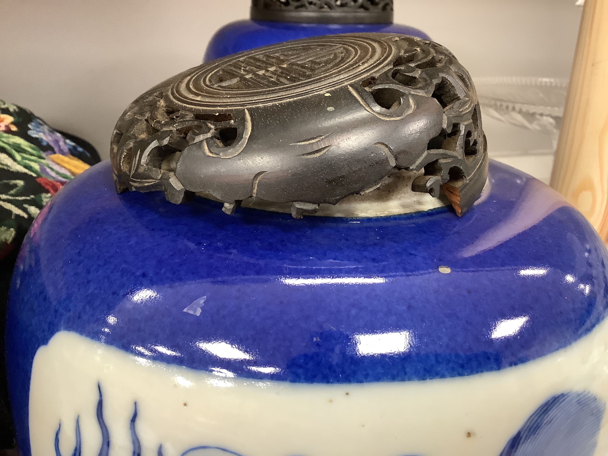 A pair of 19th century Chinese blue and white 'mythical beast' jars